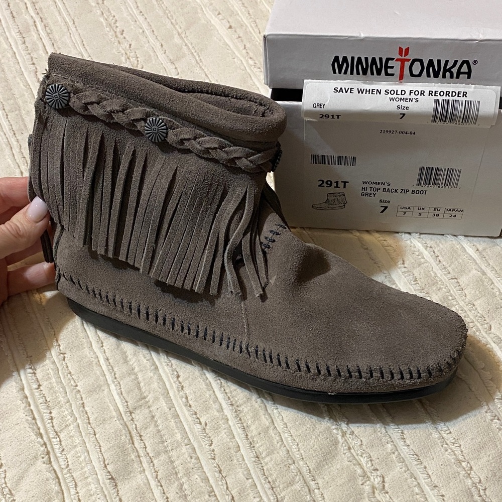 Minnetonka Gray Fringe Ankle Booties